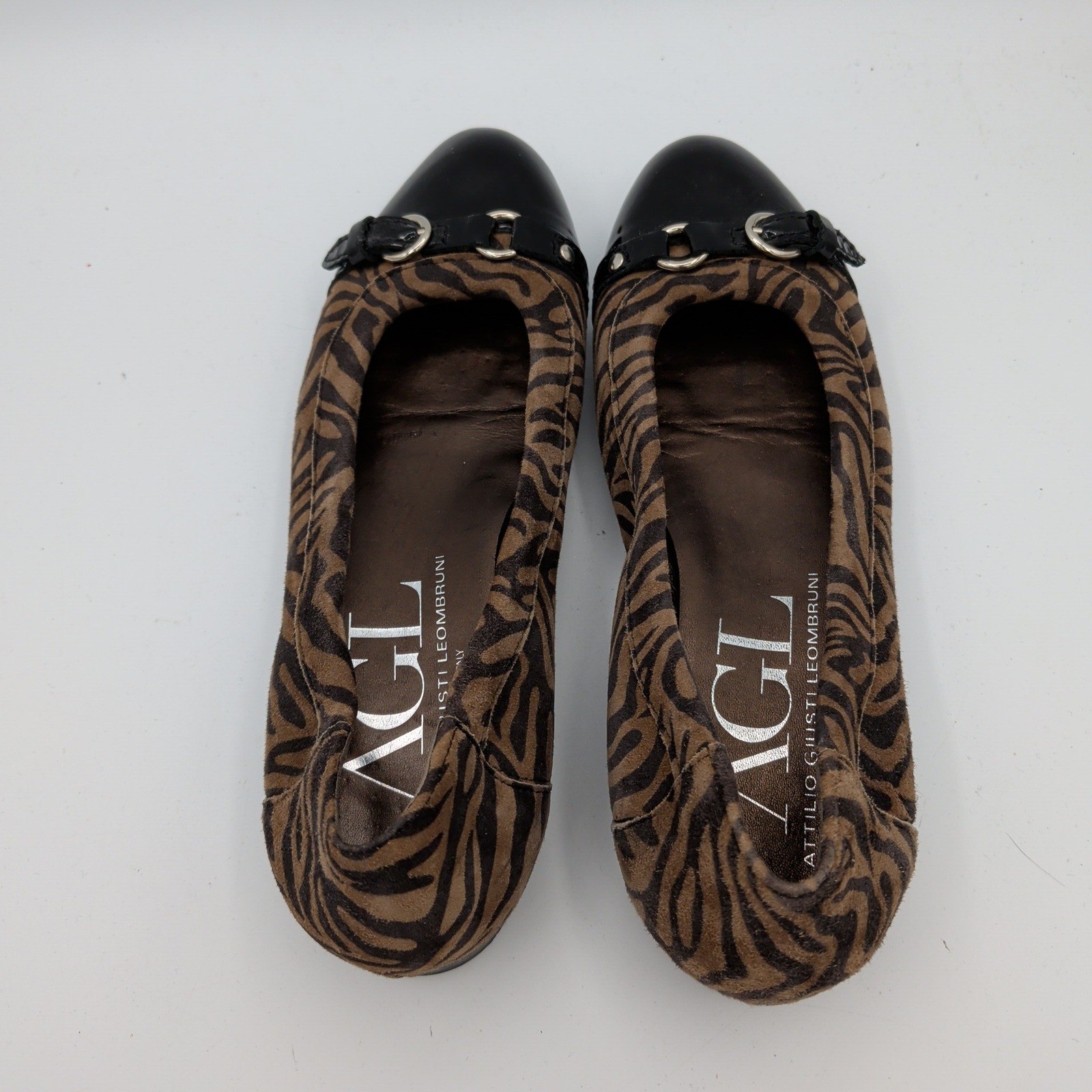 AGL Monica Ballet Flats Zebra Print Cap Toe Ballet Flats Brown Black 38 Womens 8