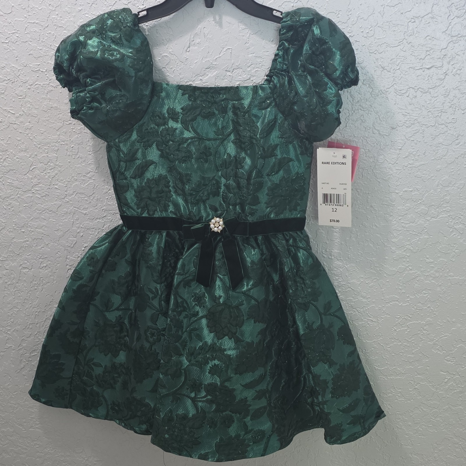 Rare Editions Hunter Green Floral Fit & Flare Puff Sleeve Girls Dress 12 Party