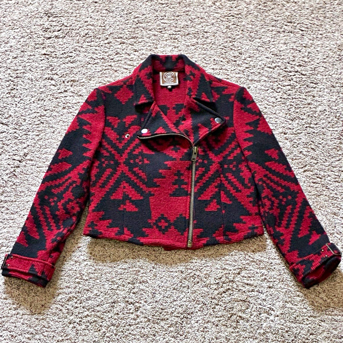 Double D Ranch Red/Black Geometric Aztec Zip Collared Short Moto Jacket Women S