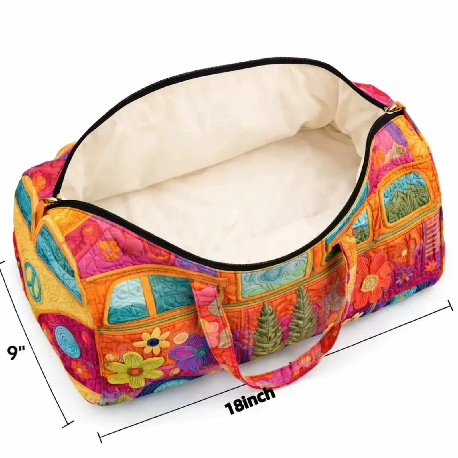 Unisex Boho Quilted Weekender Bag – Large Hippie Van Quilted Duffle Bag Carry-on