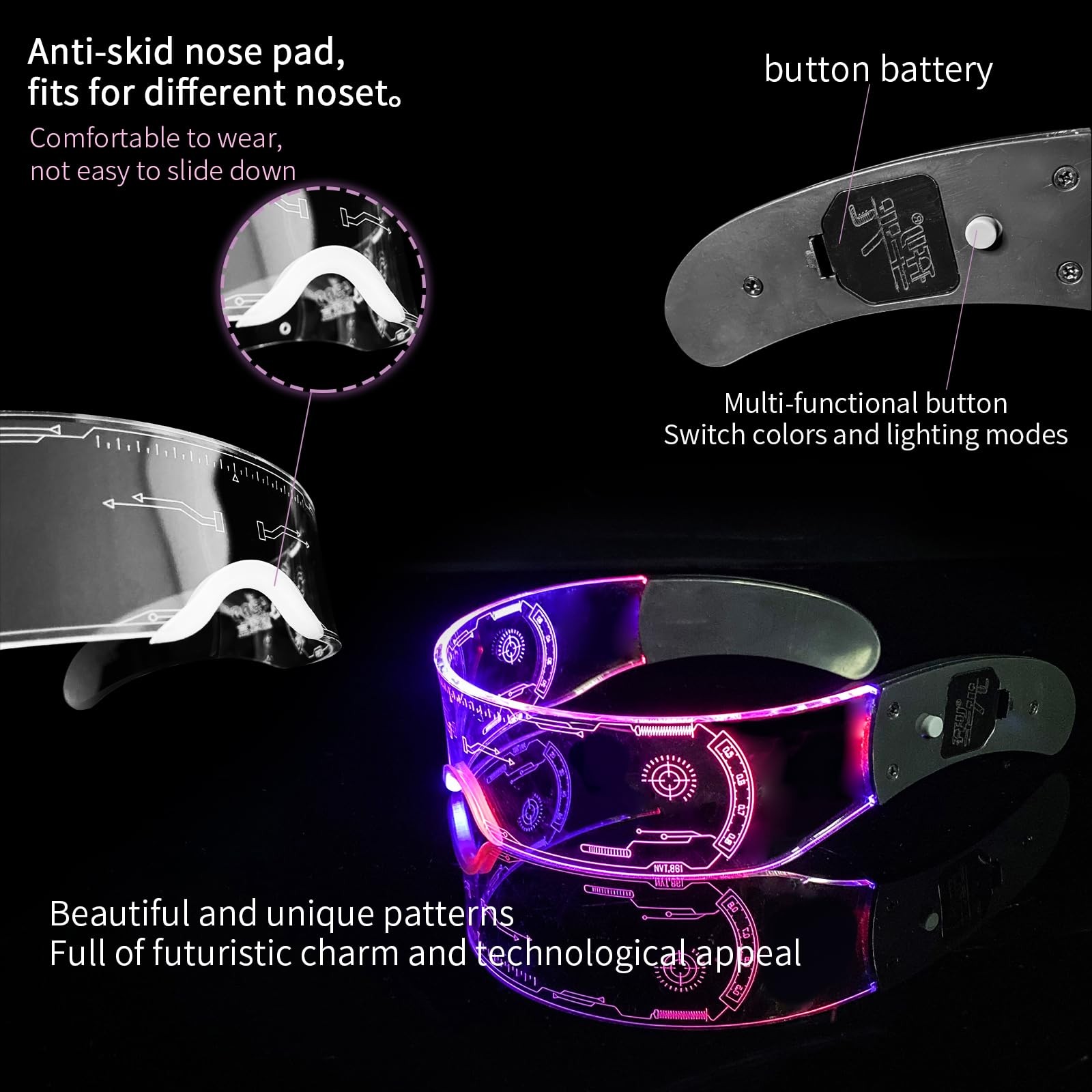 GLITCHCORE Led Visor Light Up Glasses 7 Colors and 4 Modes Large, A2