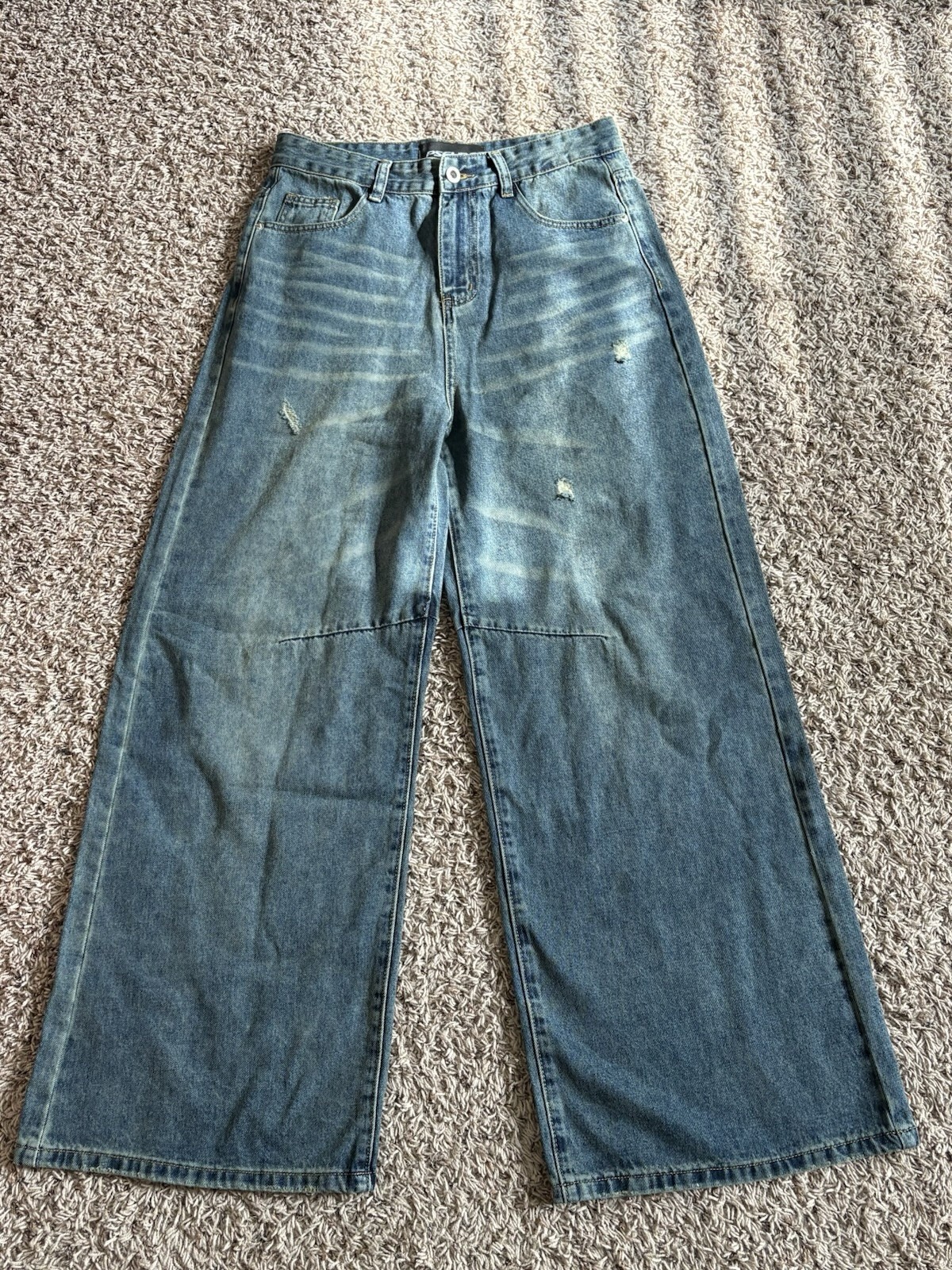 PSEUDO Men’s Blue Denim Wide-Leg Relaxed Fit Distressed 5-Pocket Jeans
