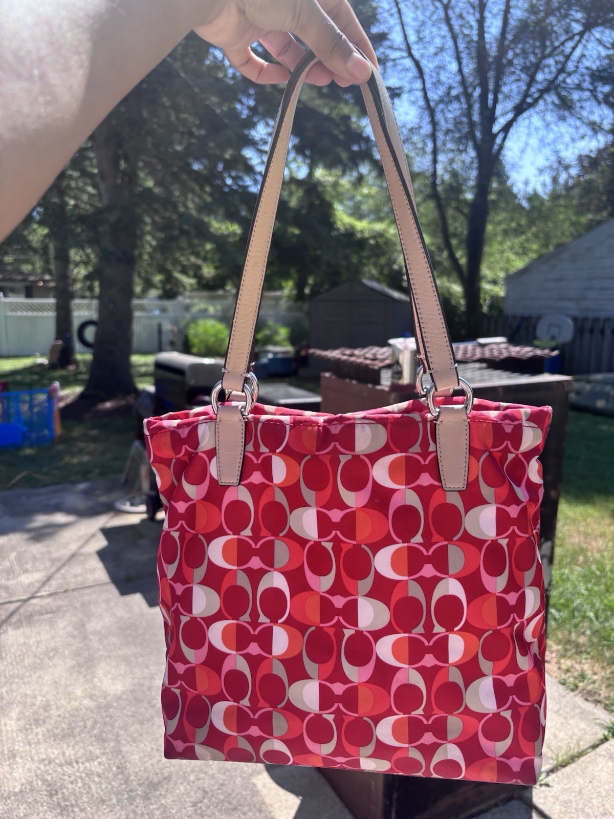 Coach Signature Logo Tote Shoulder Bag Zip Inner Pockets Lined Charm Red Pink