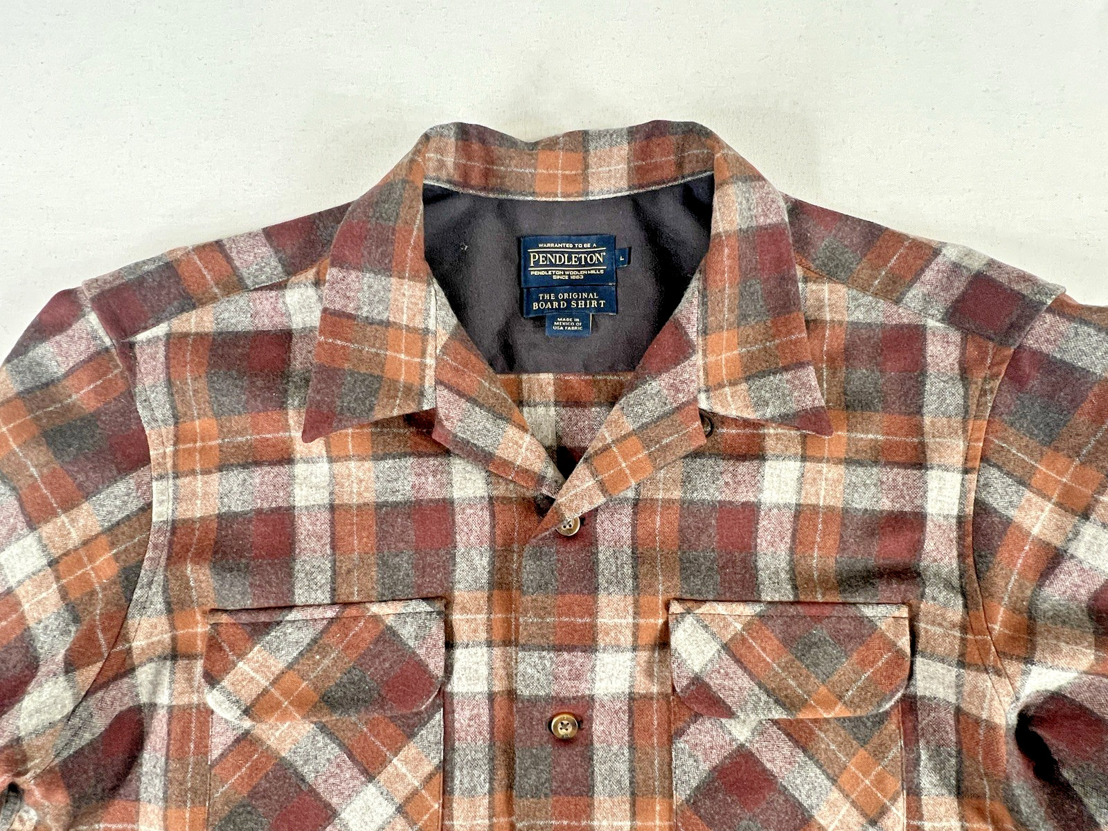 Pendleton Board Shirt Mens (L) Brown Orange Surf Plaid Virgin Wool LS Pockets