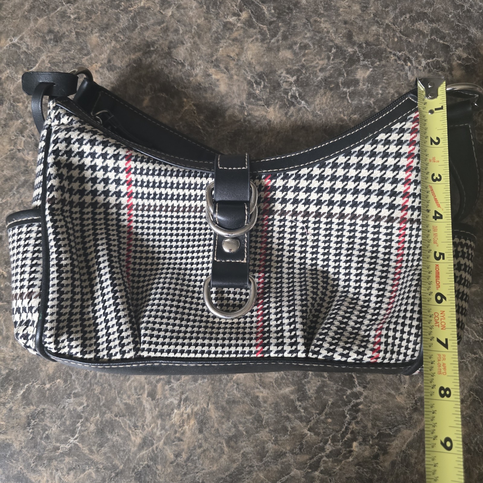 Y2K Vintage Chaps Houndstooth Shoulder Bag Black White Red Buckle Accent Zipper