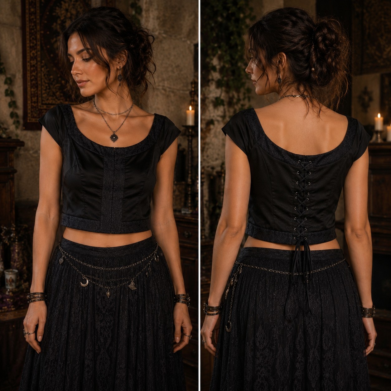 Patricia Field Corset Crop Top 16 Black Lace Up Whimsigoth Witchy Renaissance