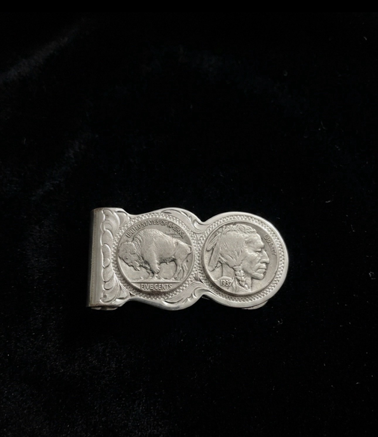 Montana Silversmiths Buffalo Nickel Money Clip Scalloped Silver Engraved Western