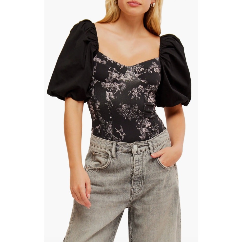 Free People Prarie Rose Puff Sleeve Bodysuit Black Coquette Romantic Large NWT