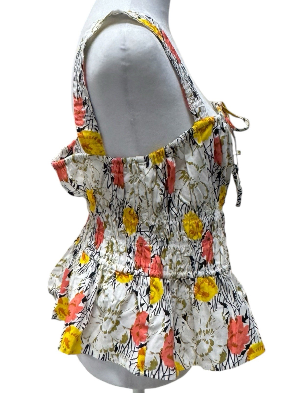 NWT BCBG Max Azaria Floral Coral & Yellow On White Ruched Peplum Tank Top US S