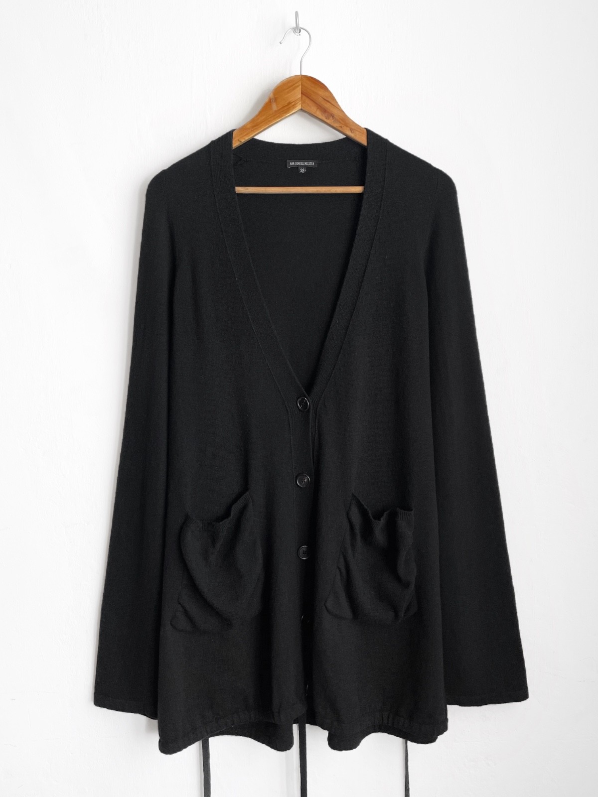 Ann Demeulemeester Black Wool Longline V-Neck Cardigan With Pockets, Size 38