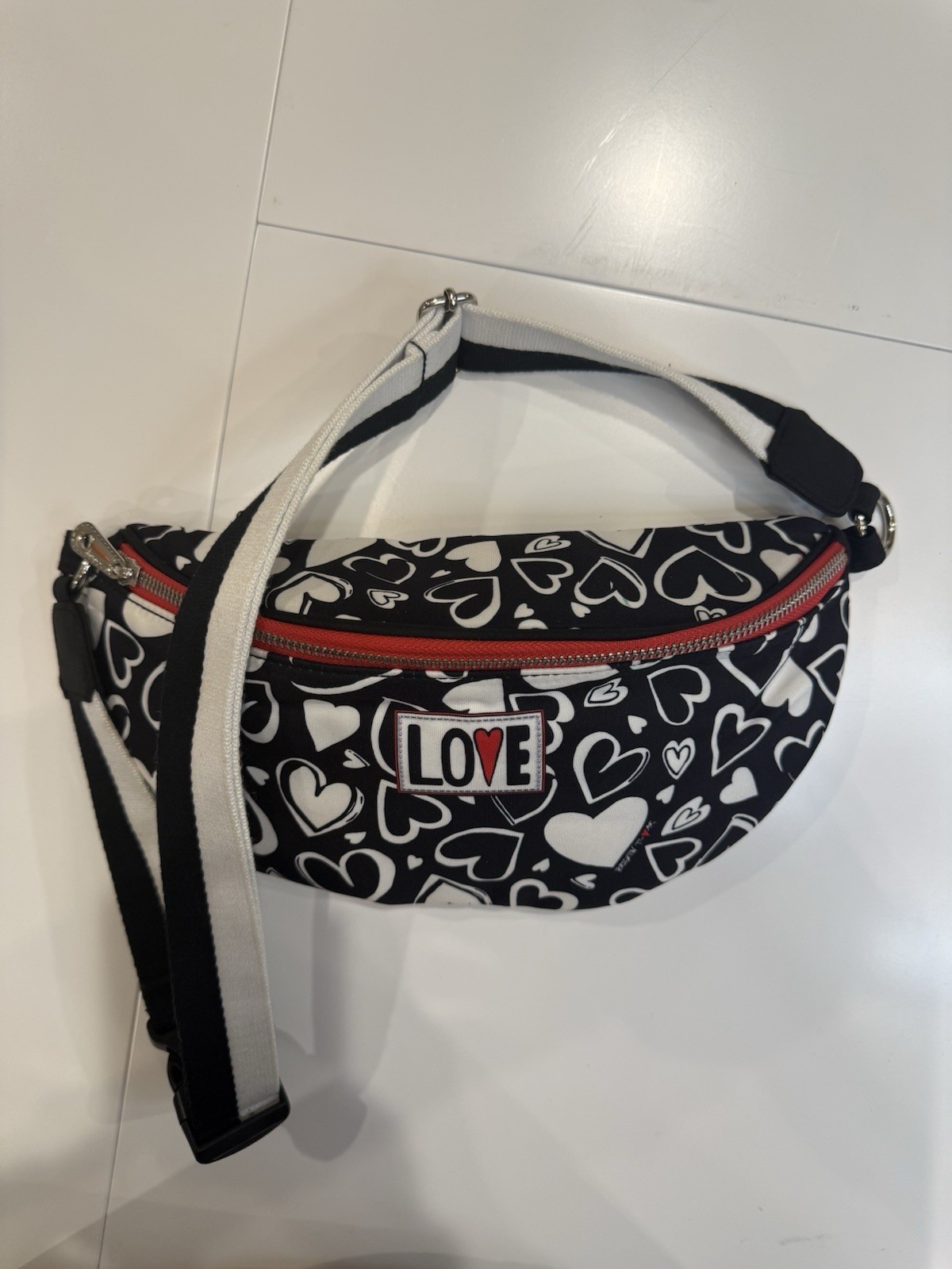 Brighton Endless Love Belt Bag Fanny Pack Black White Hearts Excellent