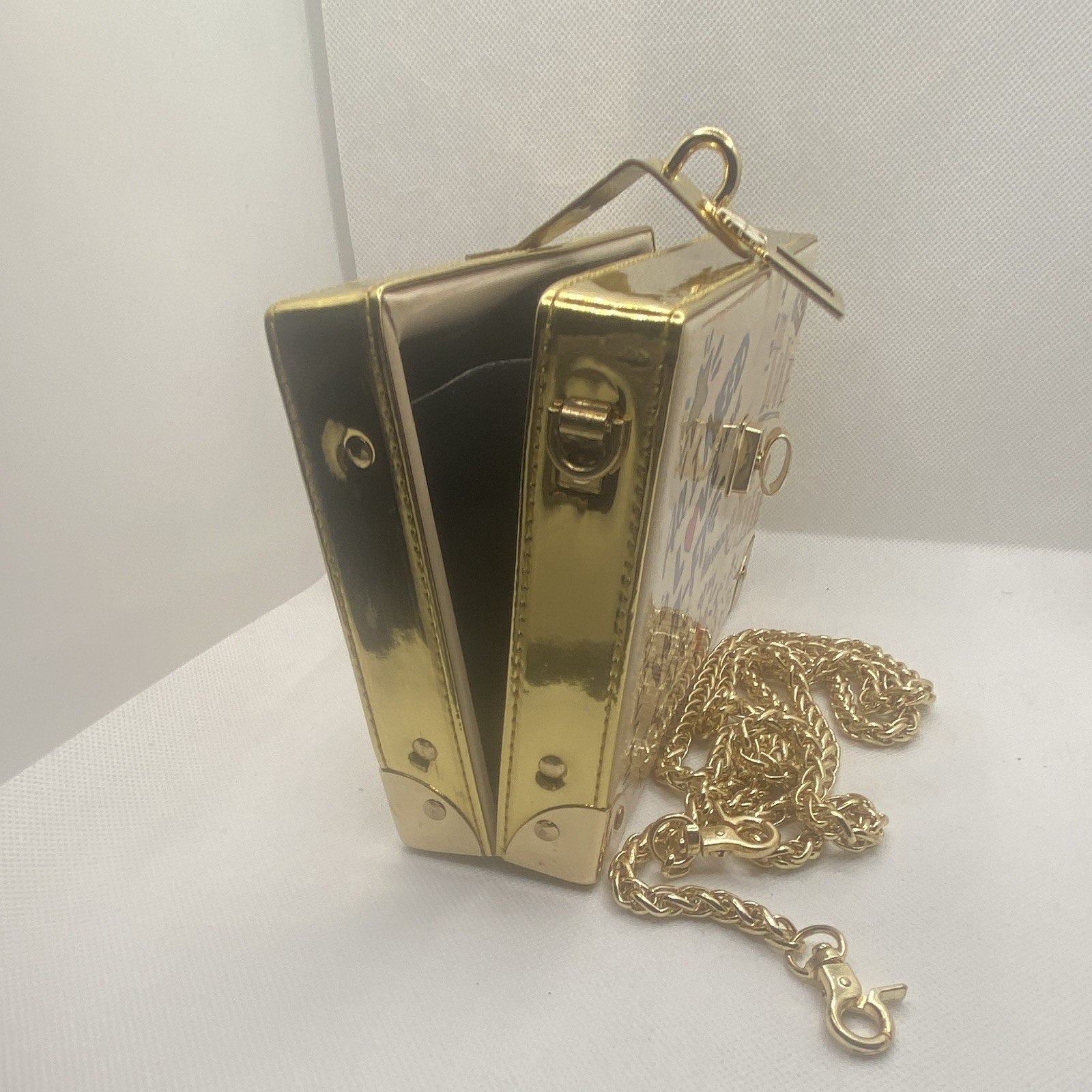 Gold Polished Metal Box Crossbody Bag w/ Detachable Chain Strap, Studs, Latch