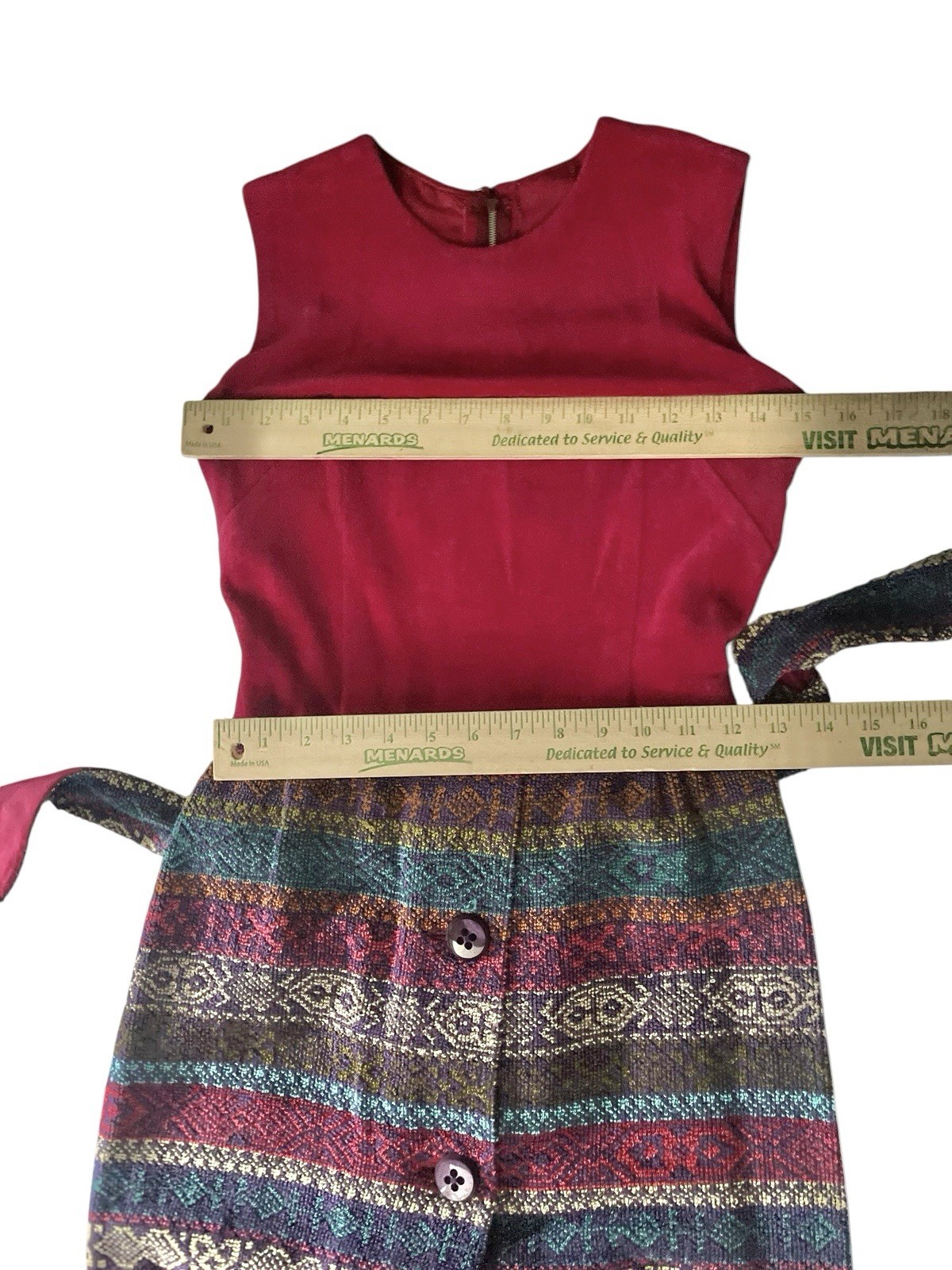 Vtg 60s Southwestern Boho Tapestry Maxi Dress XS Fringe Belt Sleeveless Velvet