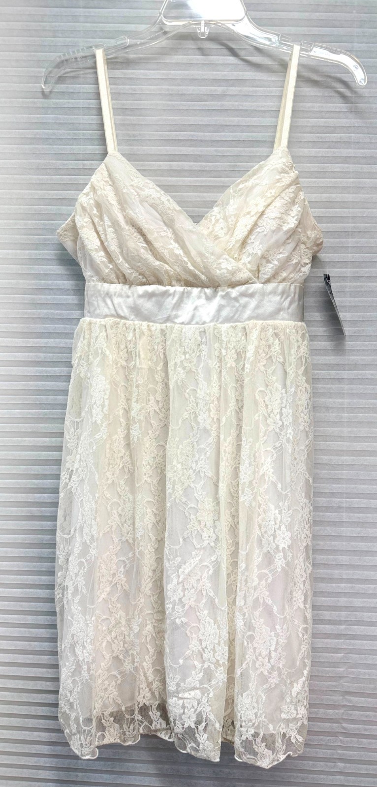BCX NWT Ivory Lace Mini Dress Sz 13 Spaghetti Straps Satin Sash Empire Waist