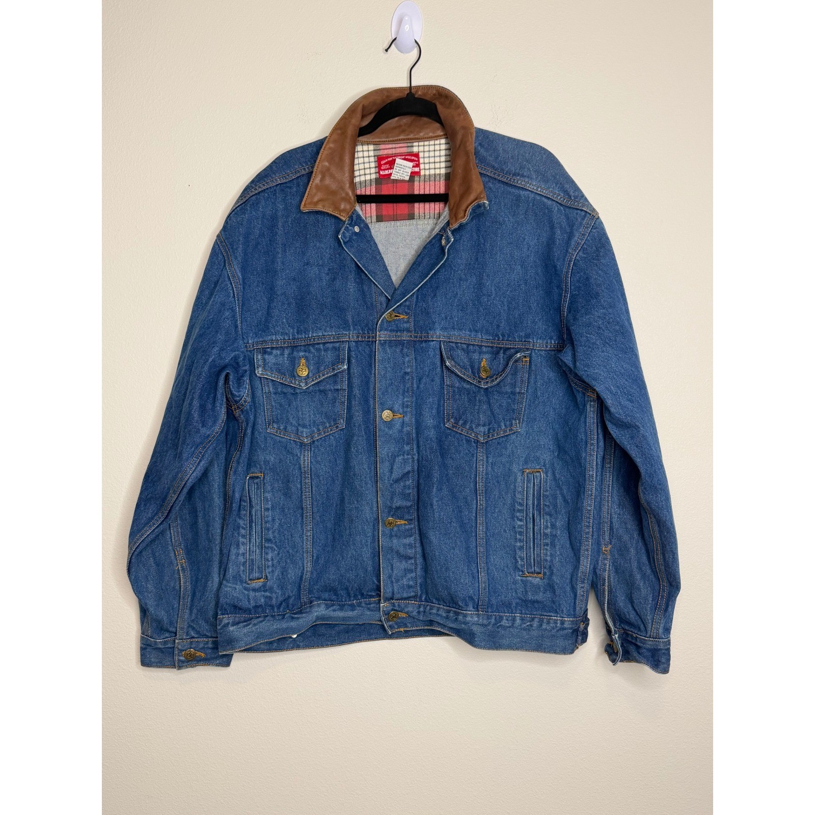 Vintage Marlboro Country Store Denim Jacket Leather Collar Flannel Lined XL Blue