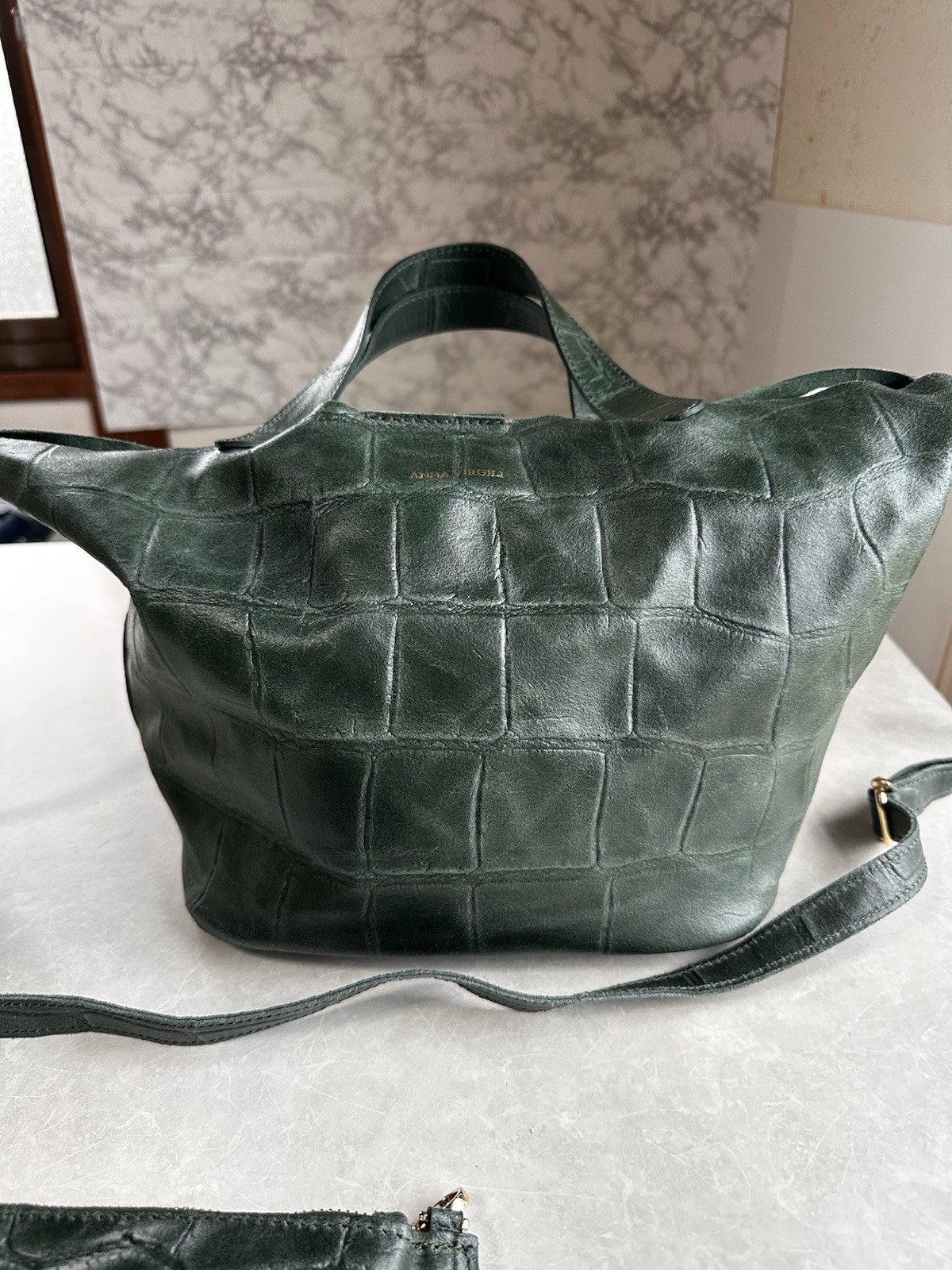 Anna Virgili Italy Green Crocodile Embossed Leather Handbag Shoulder Bag Set