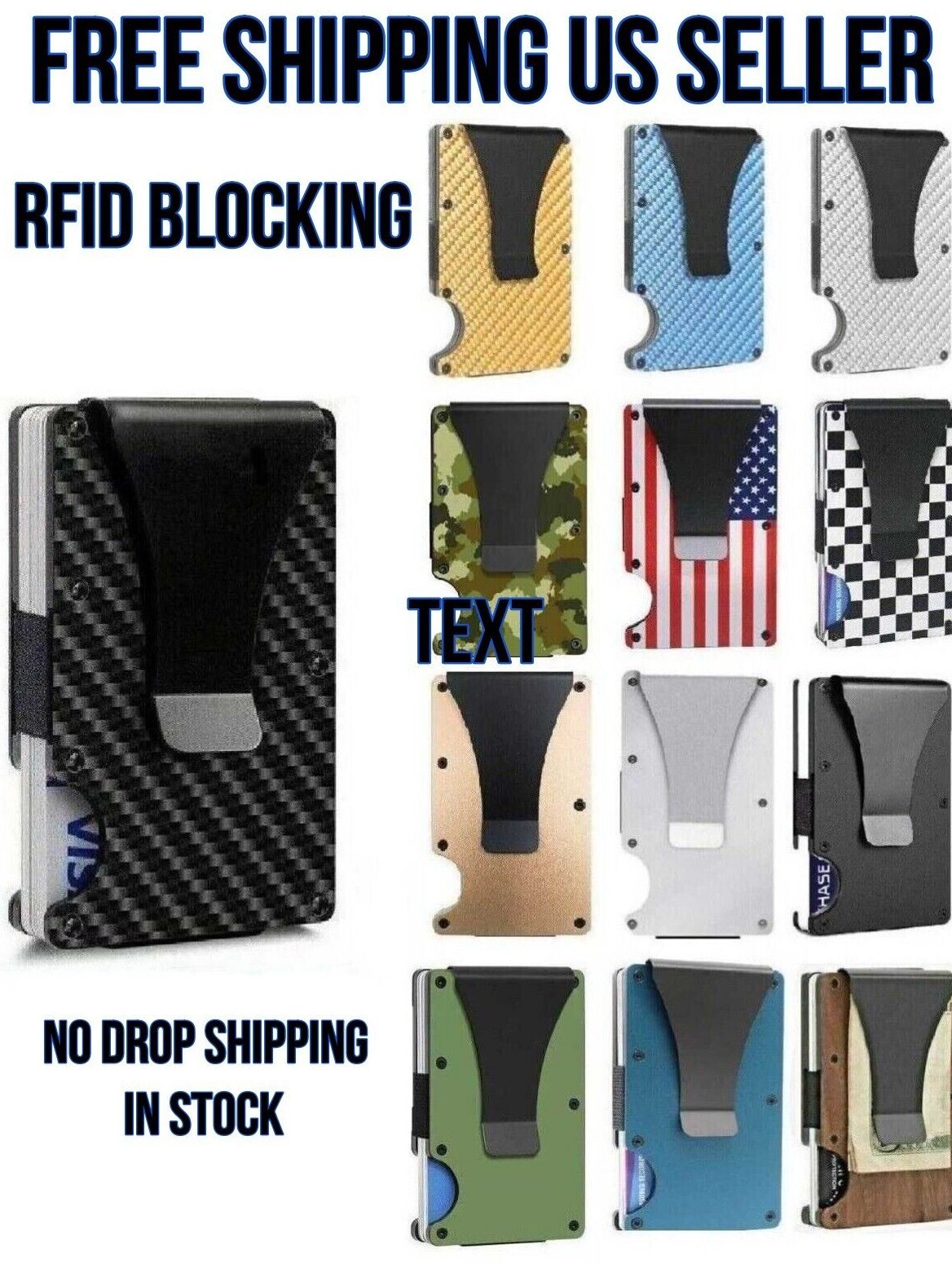 Men RFID Blocking Money Clip Minimalist Holder Carbon fiber Aluminum Wood USA