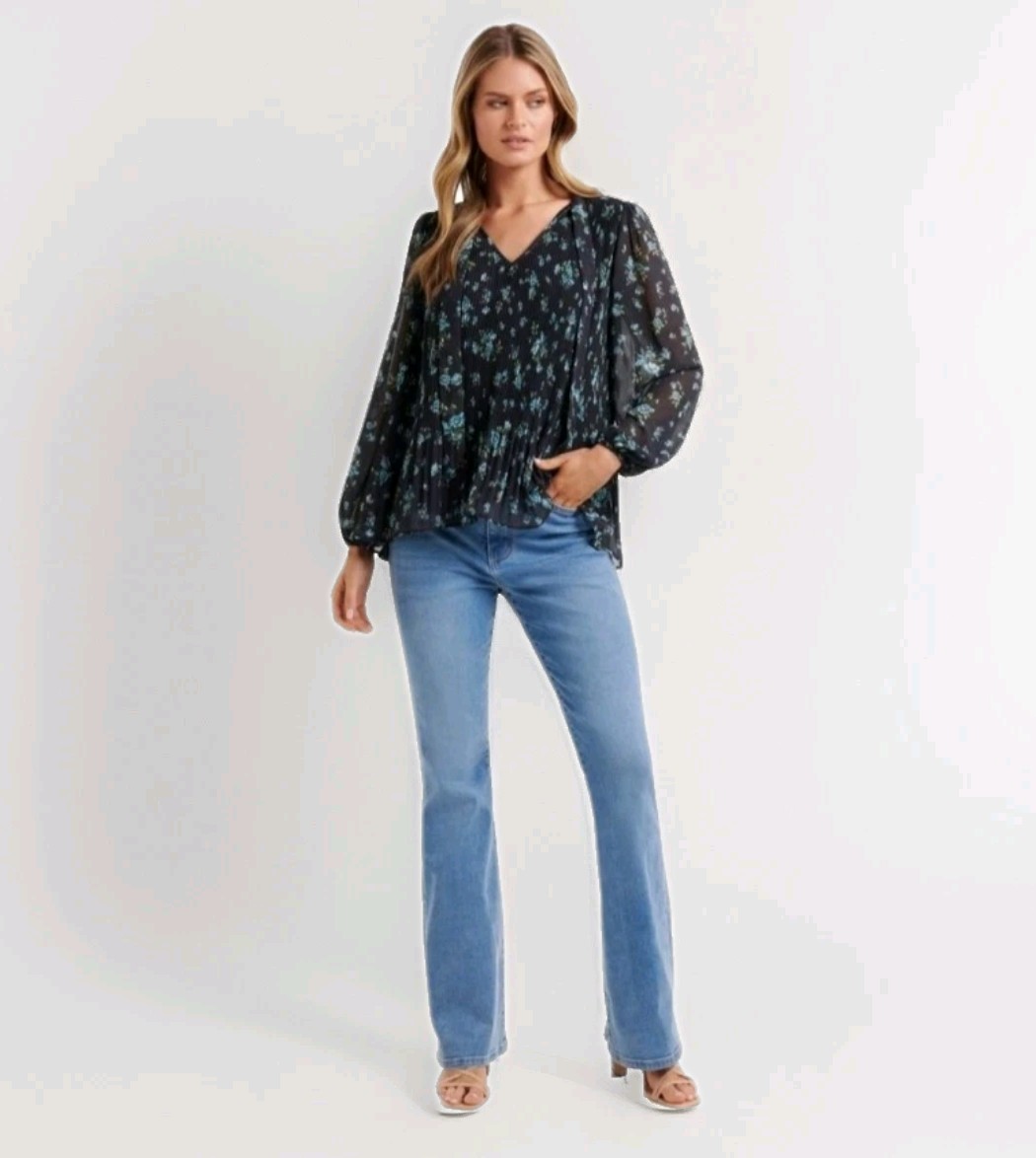 MNG Mango Pleated Floral Blouse Womens 6 Relaxed Necktie Black Cottage Romantic