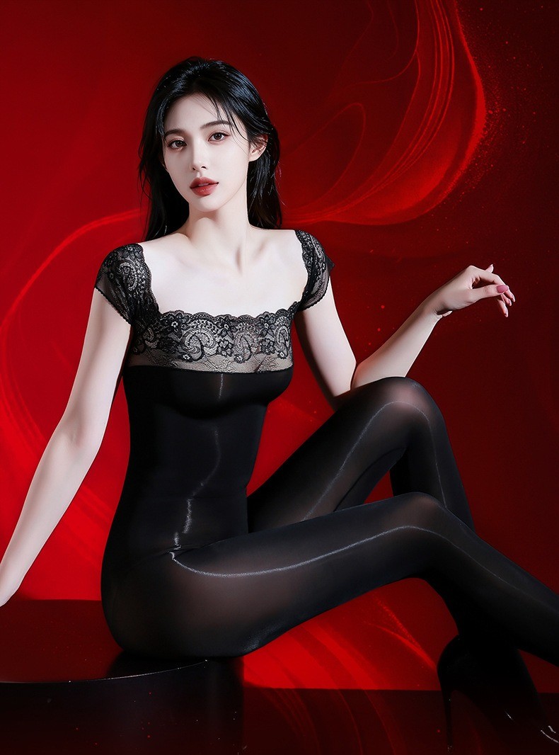 Glossy Oil Shiny Bodysuit Sheer Lace Off Shoulder Pantyhose Full Body Jumpsuit