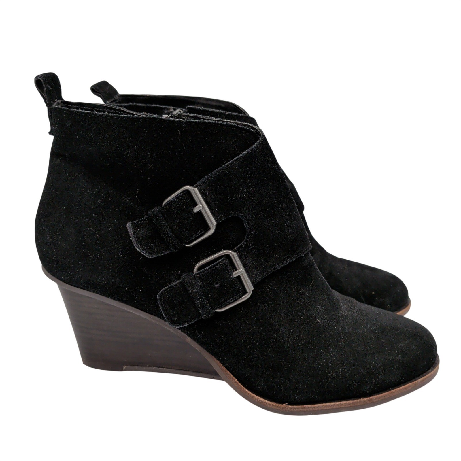 DV by Dolce Vita Black Suede Wedge Ankle Booties Double Buckle Size 10