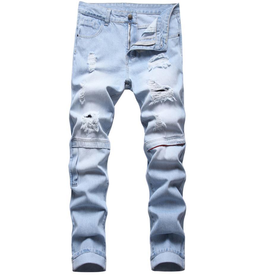 Men’s Light Blue Ripped Holes Straight Leg Casual Punk Hip Hop Pants Trousers