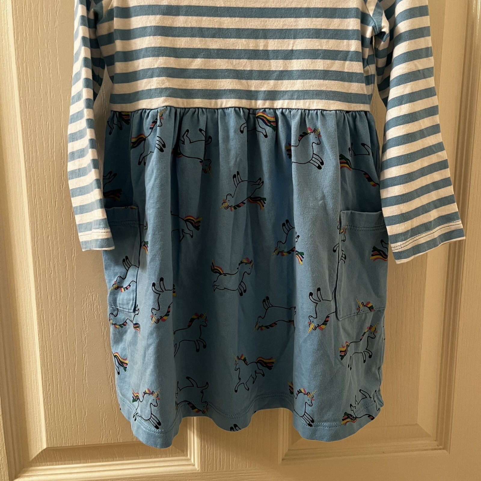 Hanna Andersson Mixie Playdress Dress Blue Striped Unicorn Pockets Size 100 US 4