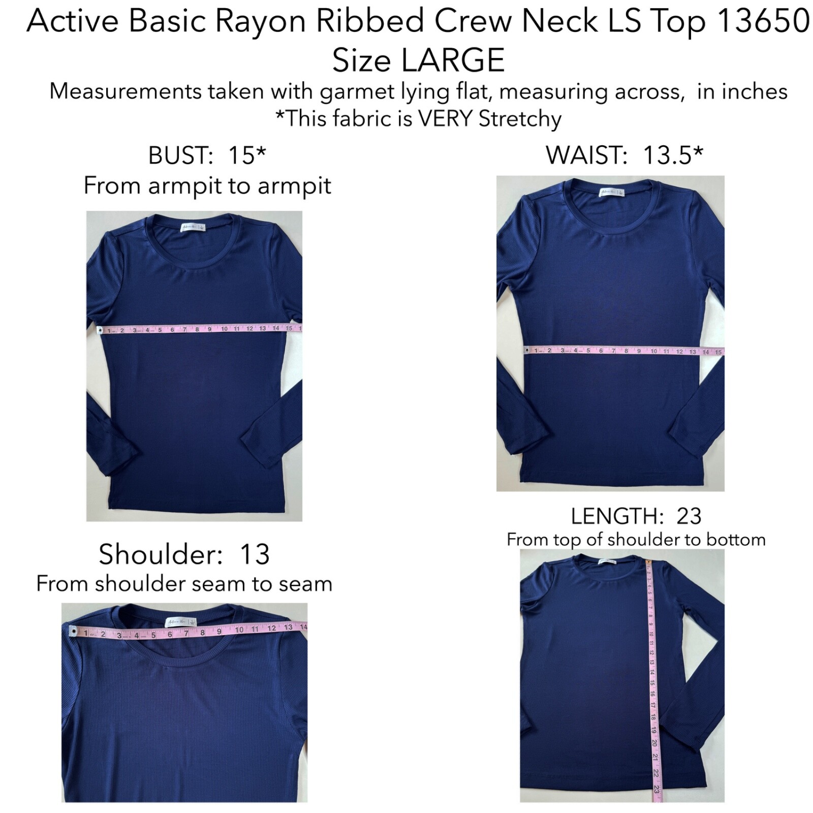 Active Basic 13650 Crew Neck Rayon Fitted 2X2 Rib Knit Long Sleeve Top Slim Fit