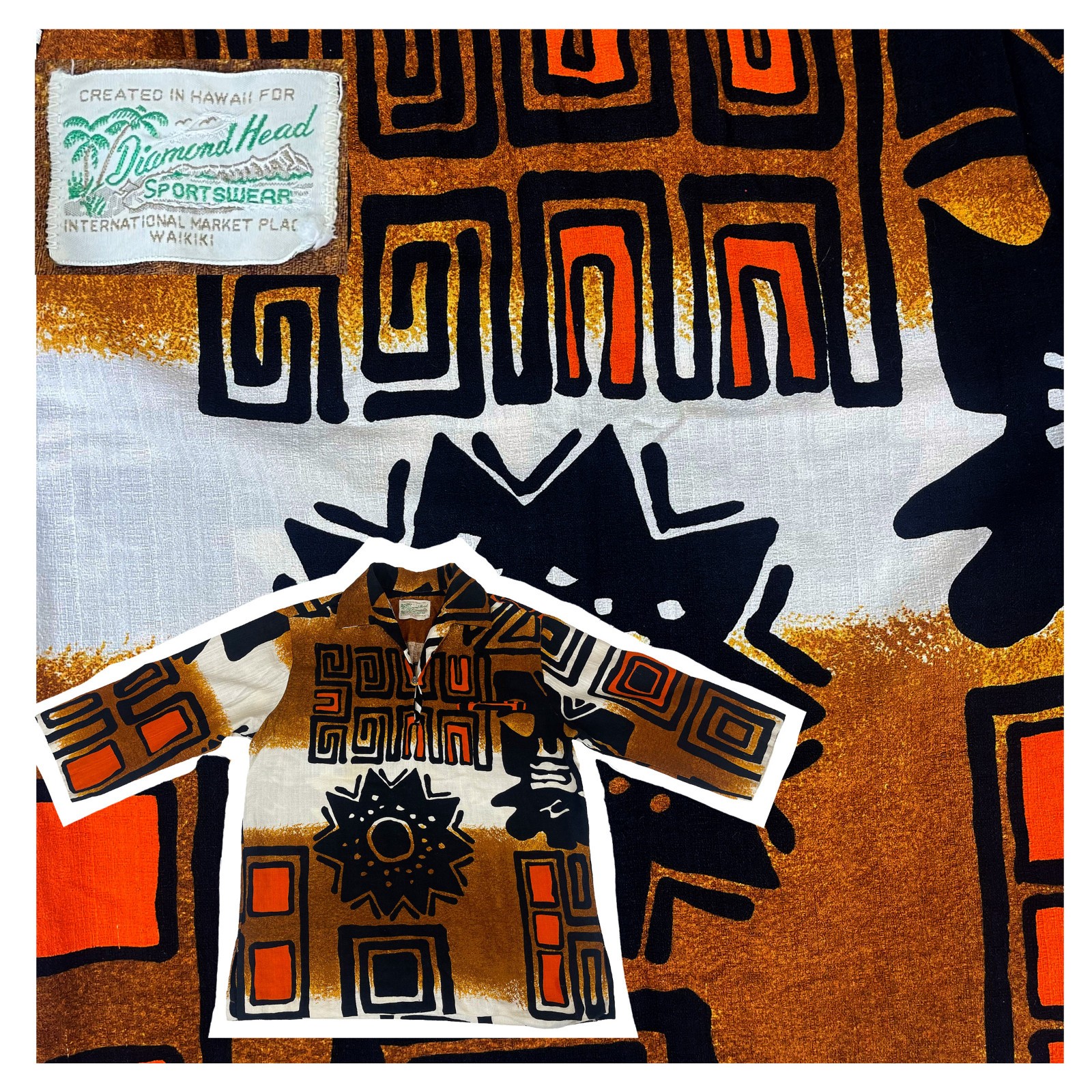 Vintage 1960s 70s Diamond Head Hawaii Tiki Barkcloth Pullover Shirt Mens M Mod