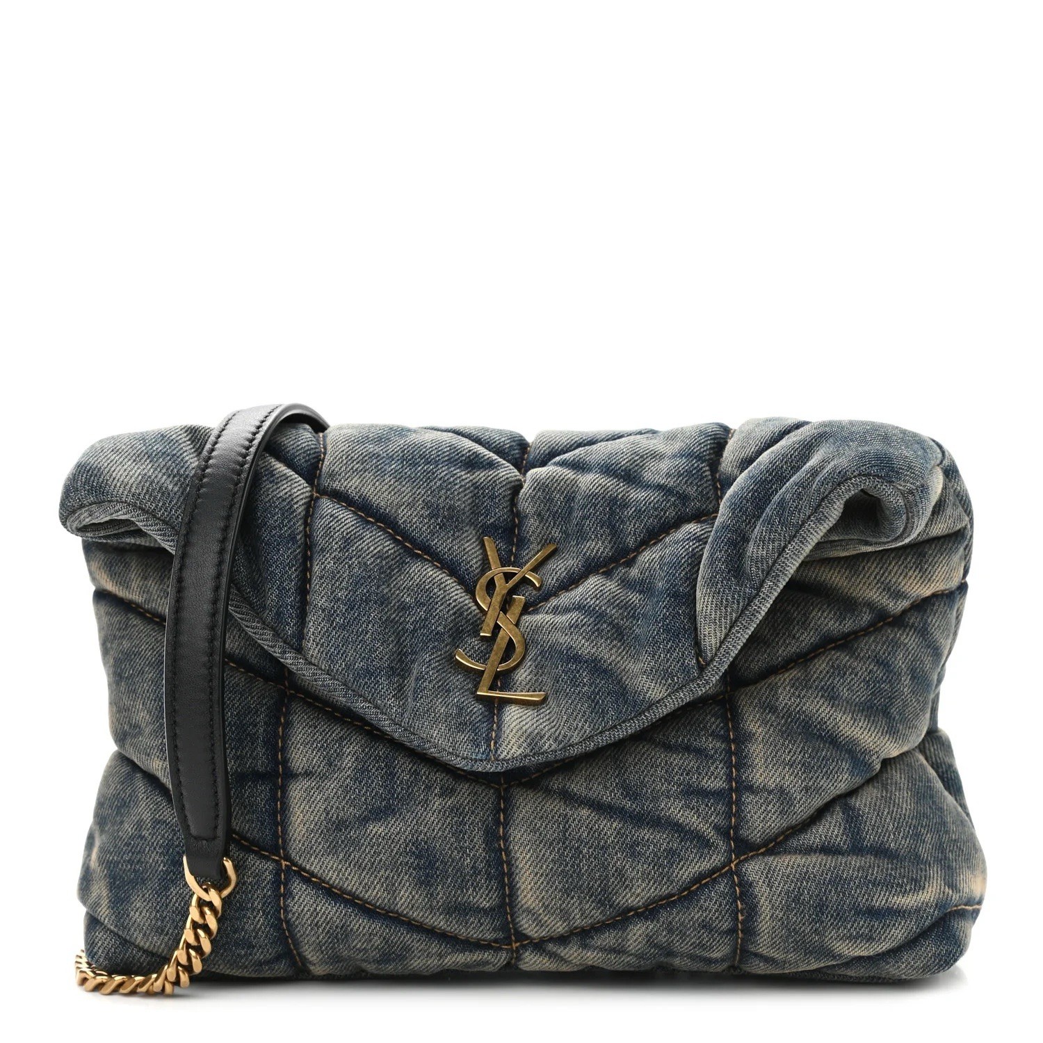 Saint Laurent Denim Quilted Toy Loulou Puffer Monogram Chain Satchel Blue Black