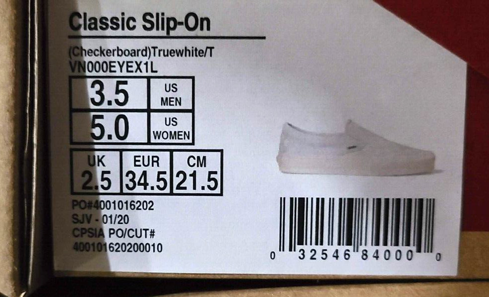 Vans VN000EYE Classic Slip On White Checkered Shoes Mens SZ 3.5, Ladies SZ 5