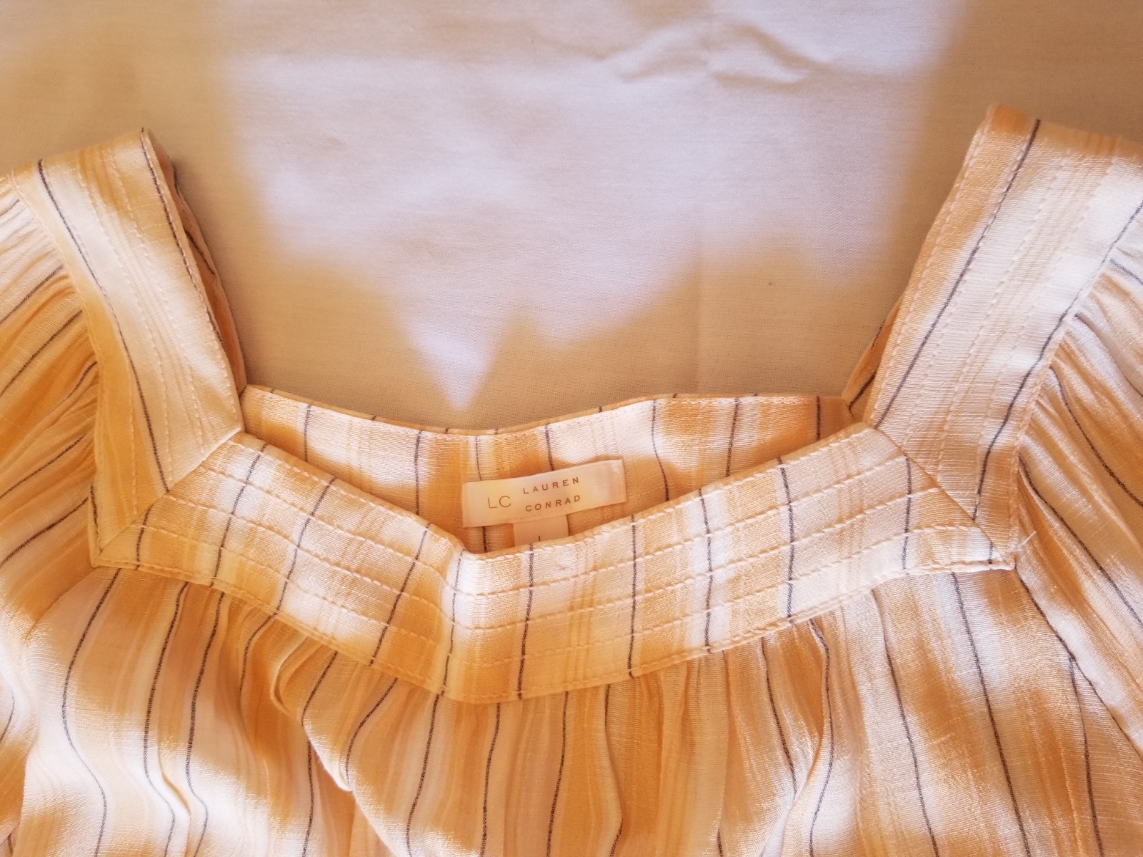 LC Lauren Conrad Peasant Blouse Peach Colored with Gray Pin Stripes Sz L Boho