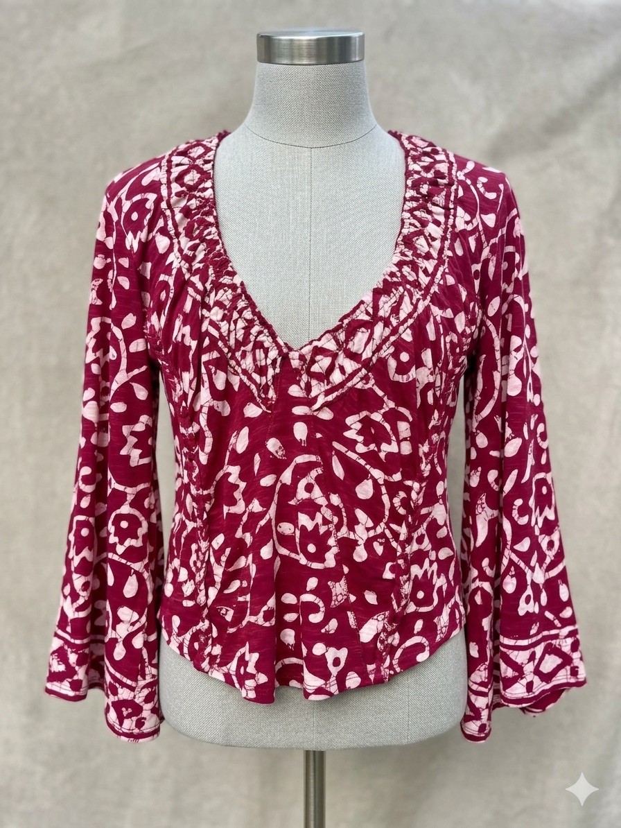 New Free People On the Block Bell Sleeve Berry Combo Cotton Top Size L