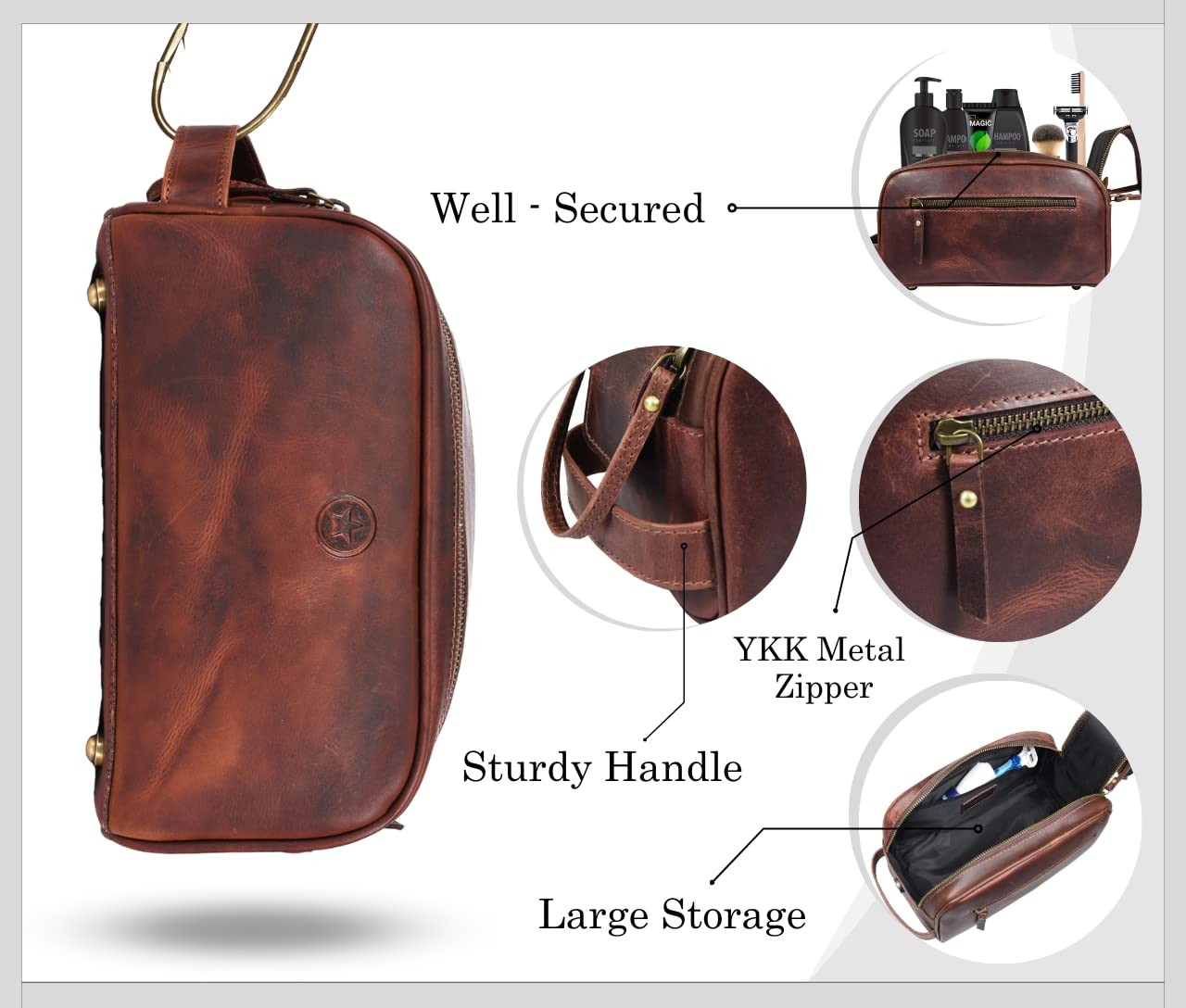 10″ Premium Leather Toiletry Travel Pouch 10.5 x 5.5 x Inch, Dark Brown