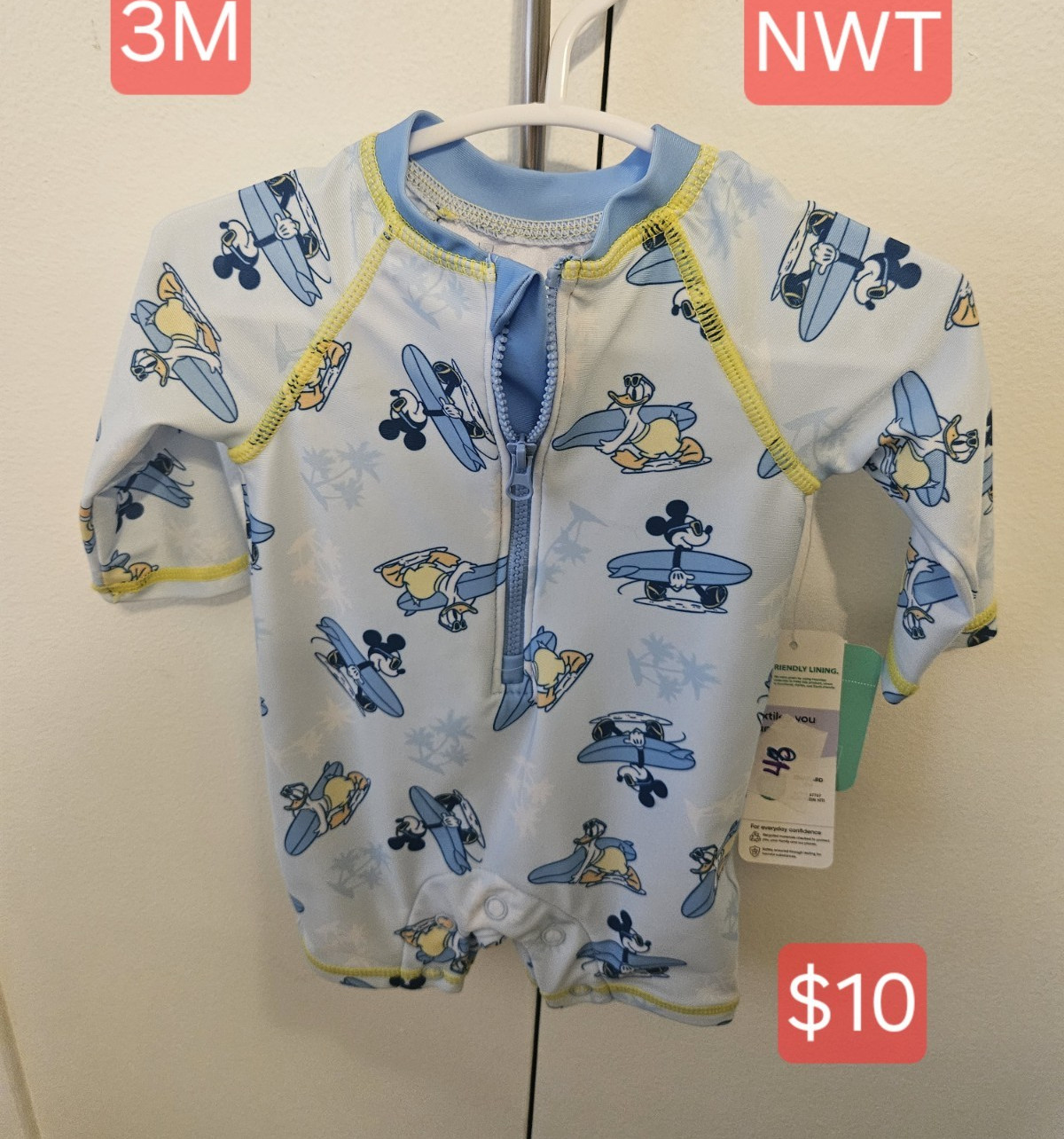 Disney Mickey Mouse Baby One Piece Swimsuit Short Sleeve Front Zip 3M