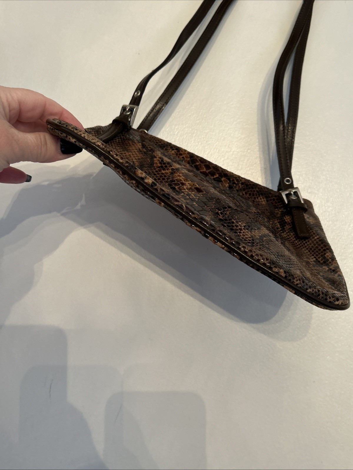 Vera Pelle Italy Brown Snakeskin Purse Leather DoubleHandle Shoulder Bag 10.25”W
