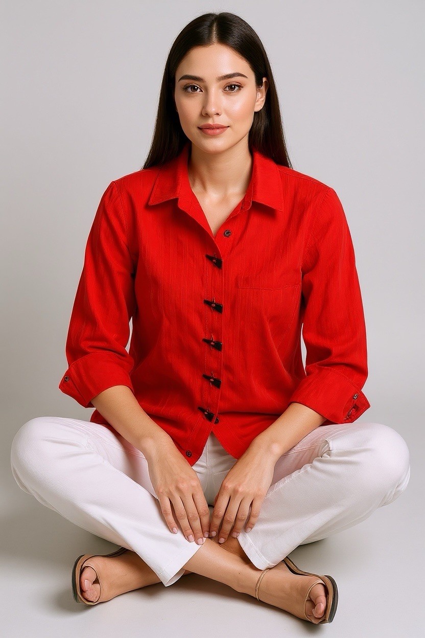 Multiples Red Woven Rayon Nylon Solid Collared Button Front 3/4 Blouse PL