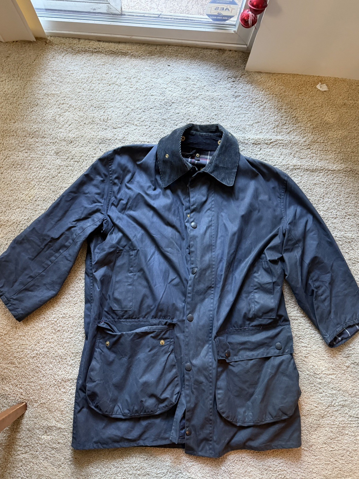 Barbour Border Waxed Cotton Jacket Navy Blue Mens C42 107cm Plaid England A205