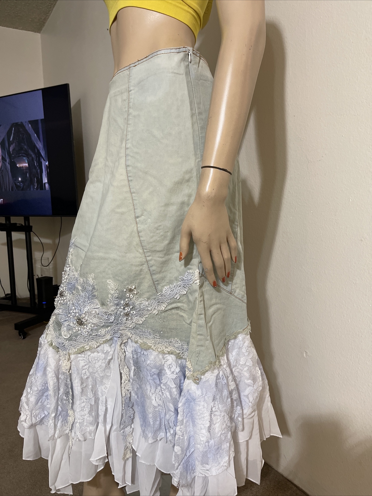 Light Blue White Denim Hippie Boho Beaded Embroidery Lace Size S(4-6) Skirt 710