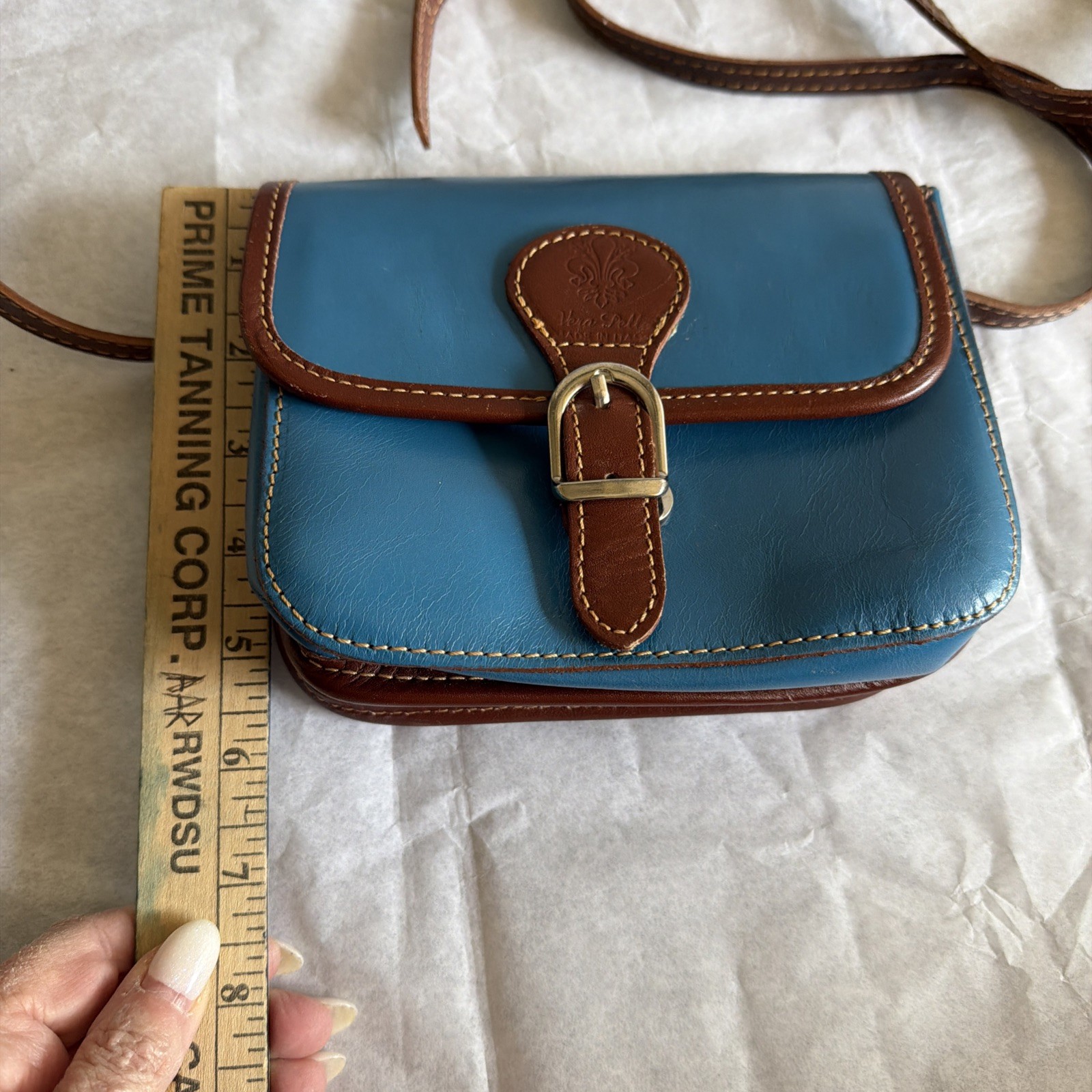 Vera Pelle Leather Crossbody Saddle Bag Genuine Italian Small Teal Blue/Brown