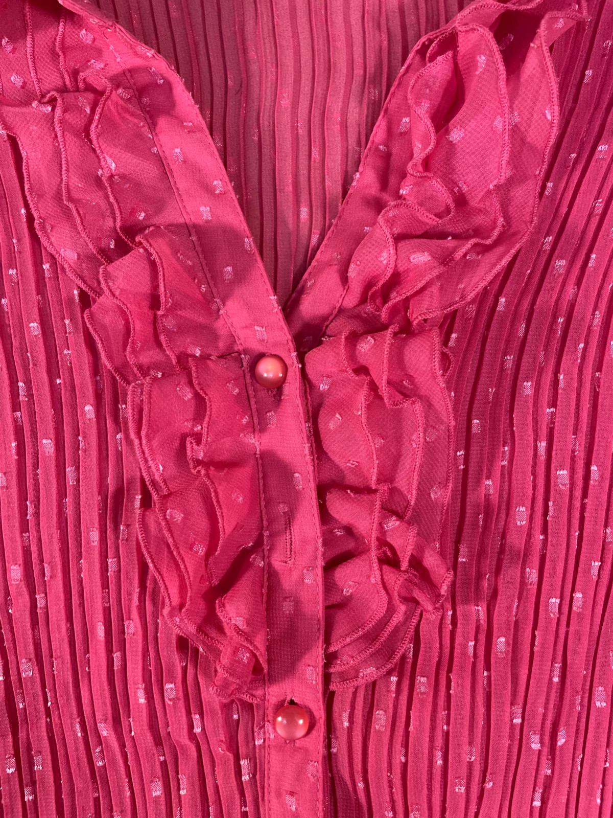 Misty & Max Sz L Women’s Sheer Pink Button Ruffle Collar Blouse Shirred Cuff