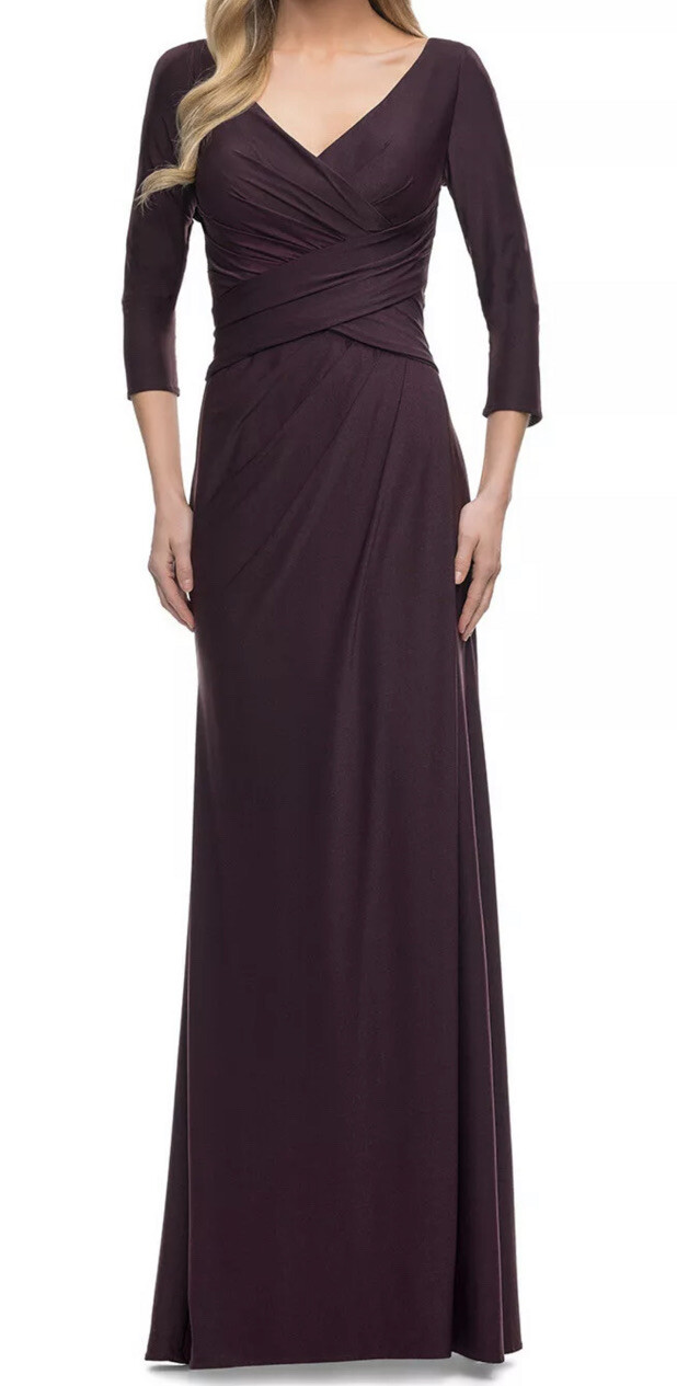 New La Femme 29223 3/4 Sleeve Ruched Bodice Sheath Gown In Dark Garnet Sz 6 $358