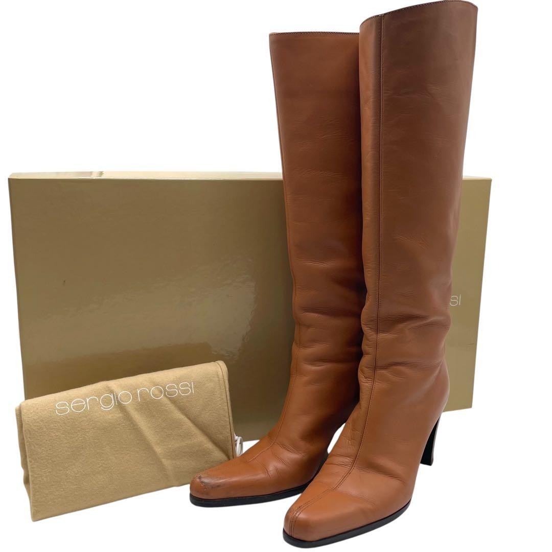 Sergio Rossi Brown Leather Knee High Boots 37 2.8in Heel Auth