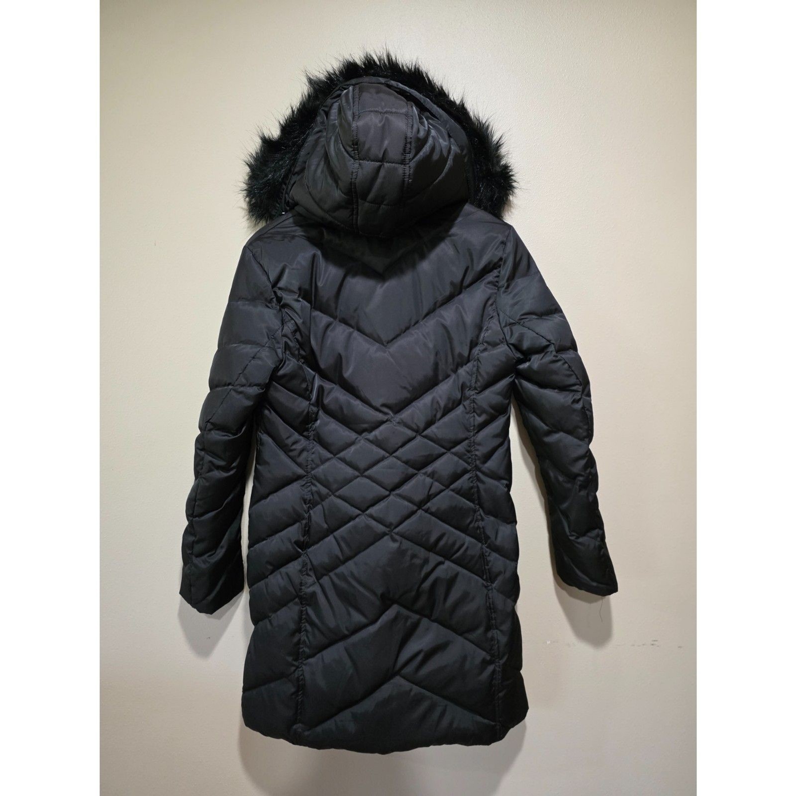 Kenneth Cole Reaction Black Down Puffer Coat Faux Fur Hood Medium M