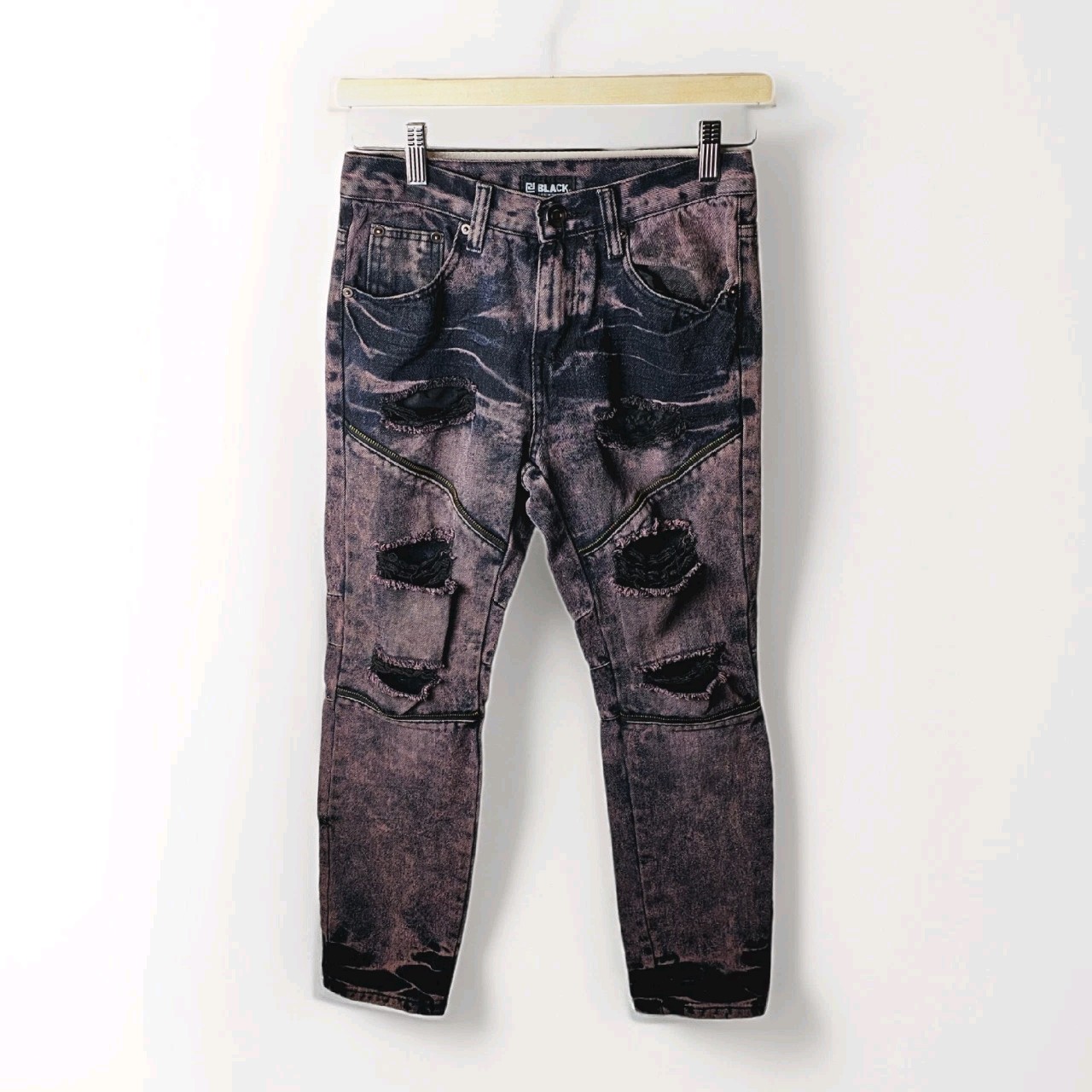 CJ Black Premium Jeans Size 26 Men Black Skinny Moto Acid Wash Destroyed Denim