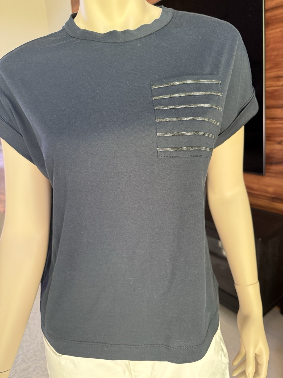 BRUNELLO CUCINELLI Embellished pocket T-shirt Navy Blue Size XS