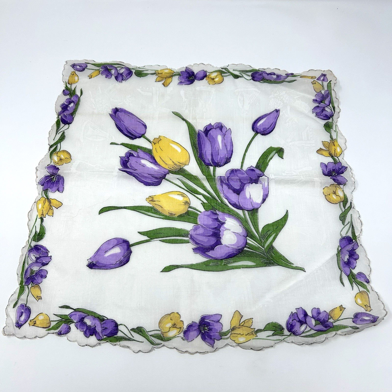 Vintage 1950s Purple Yellow Tulips Handkerchief Dutch Windmill Ship 12.75″