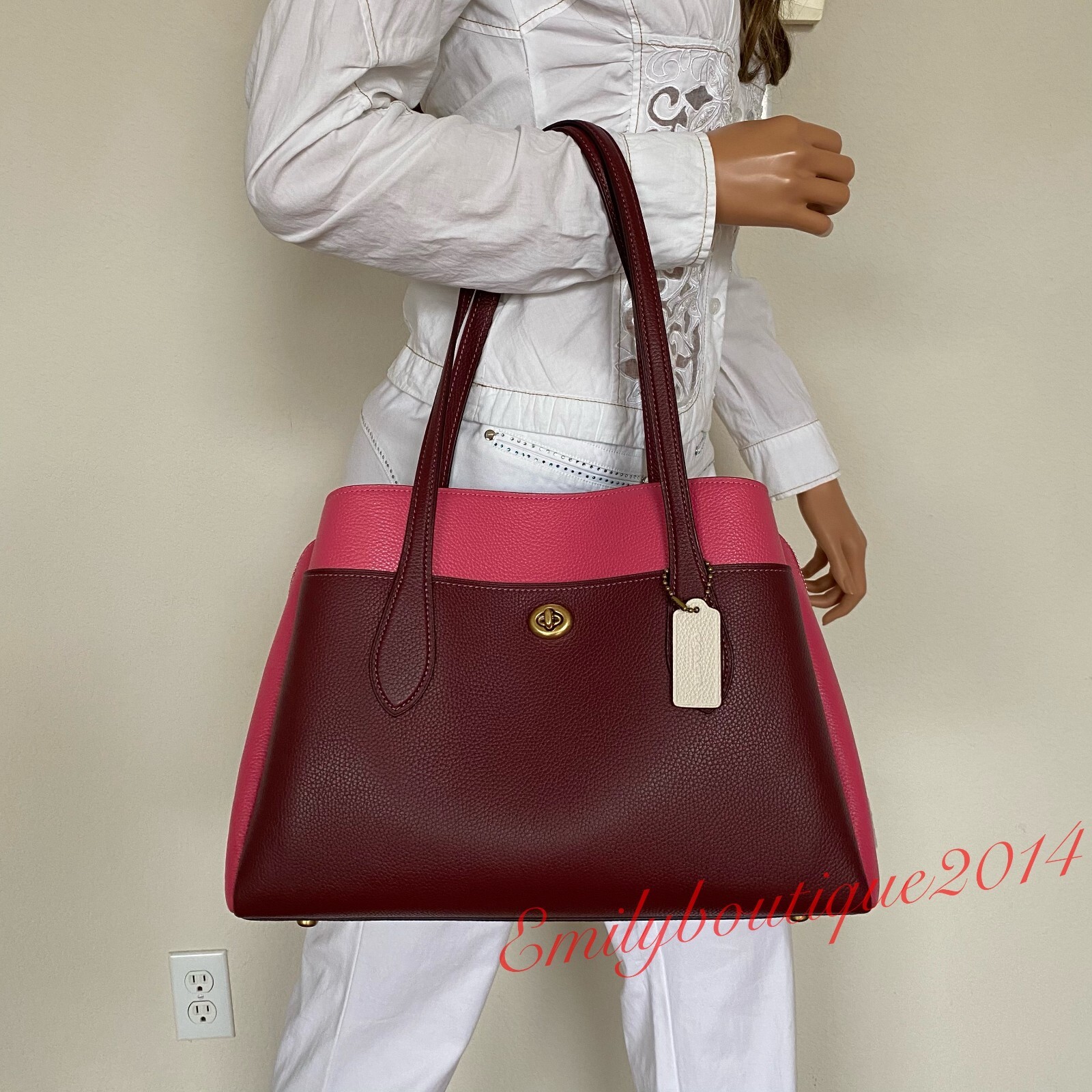 NWT Coach 654 Lora Carryall In Colorblock Wine Pink Pebble Leather Shoulder Bag