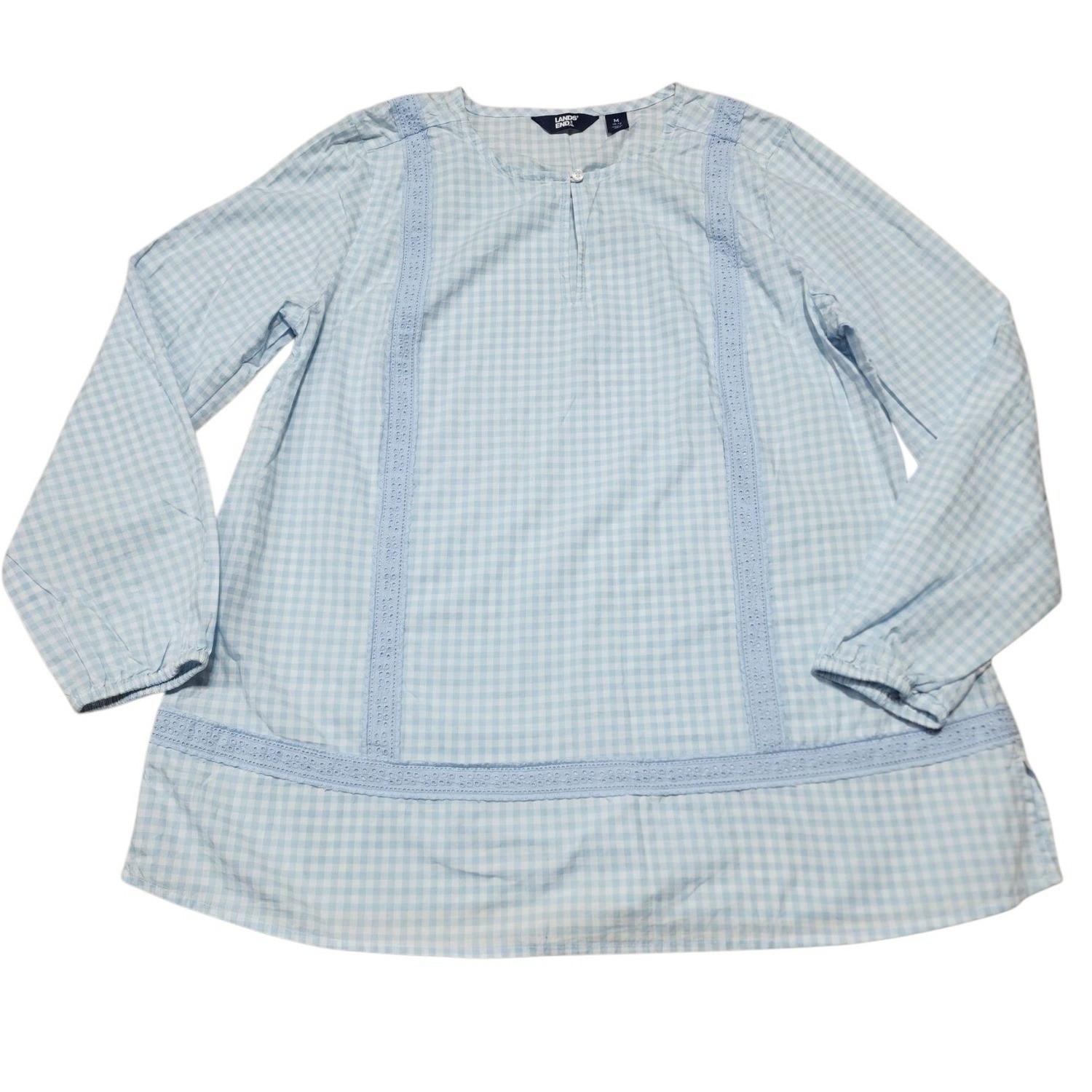 Lands’ End Blouse Women M Blue Gingham Cotton Lace Trim Peasant Top