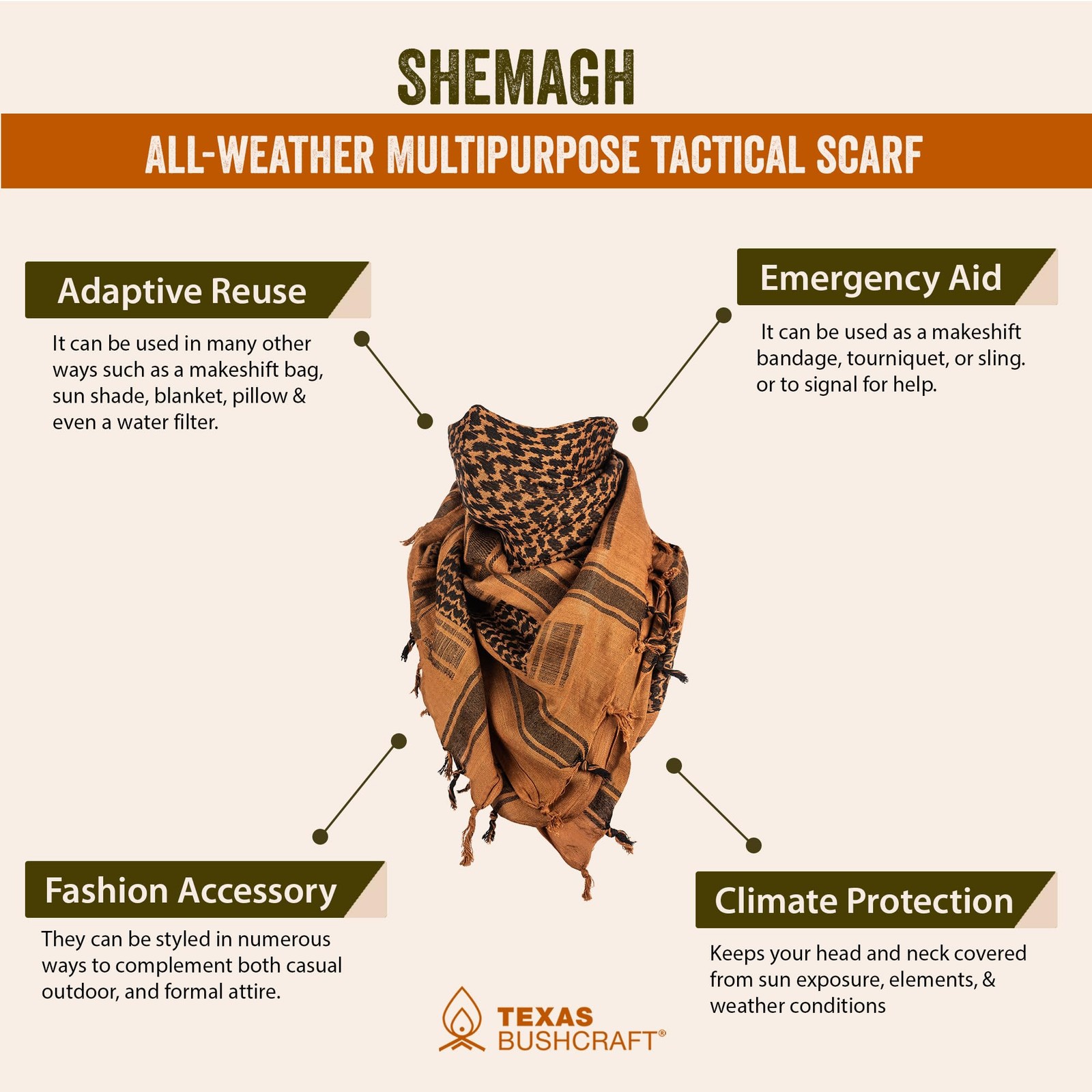Tactical Shemagh Keffiyeh 100% Cotton for Camping, Hiking, Backpacking (Khaki)