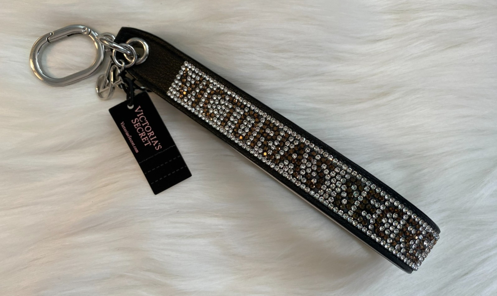 VICTORIA’S SECRET Slim Rhinestone Shine Sparkle Wristlet Keychain in Black Logo